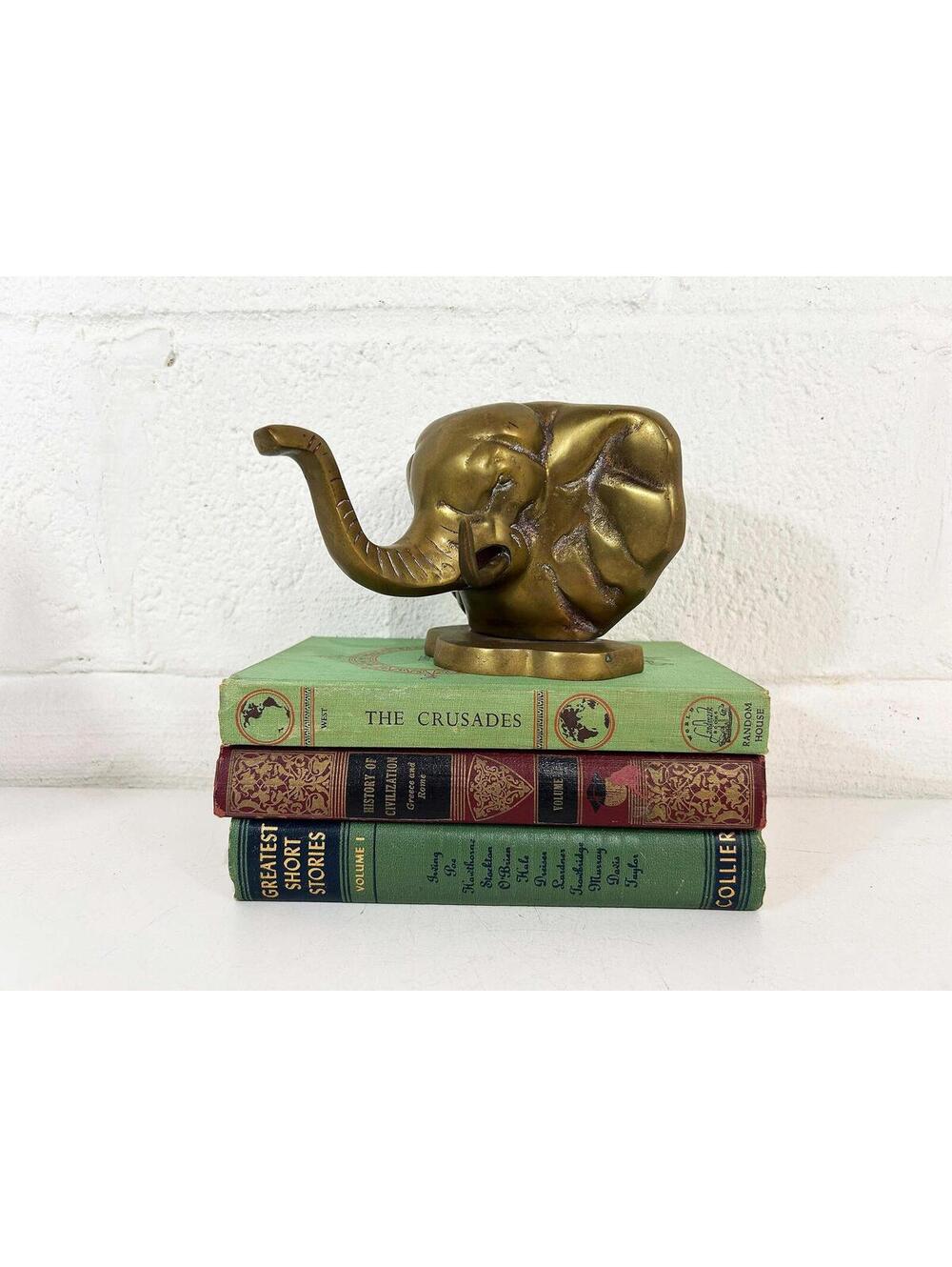 Vintage Brass Elephant Bookend Gold Metal Library Office Den Bookshelf 1970s